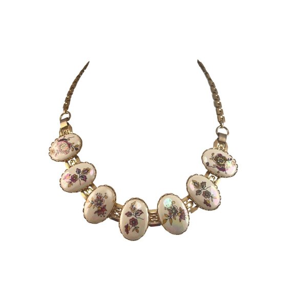 Floral Hand Painted Irredescent Porcelain Panel Necklace With Gold-Tone Chain - Picture 2 of 8